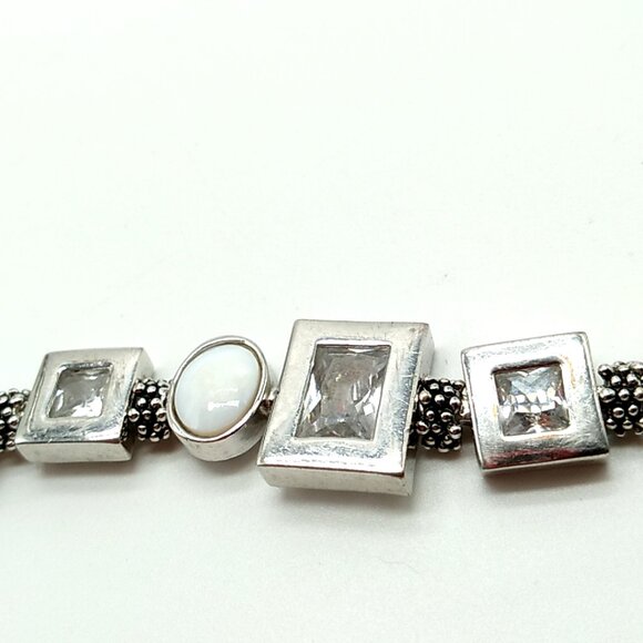 Lia Sophia Clear Cut Crystals Mother of Pearl Textured Links Rhodium Bracelet - Picture 4 of 14